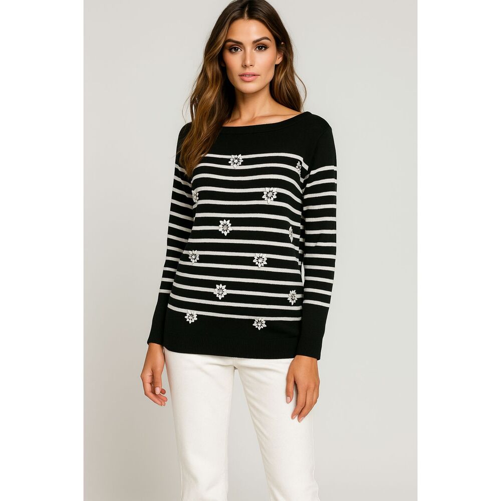 LOFT BLACK & WHITE STRIPED CRYSTAL FRONT CAREER CLASSIC THIN SWEATER SZ: SP NWT
